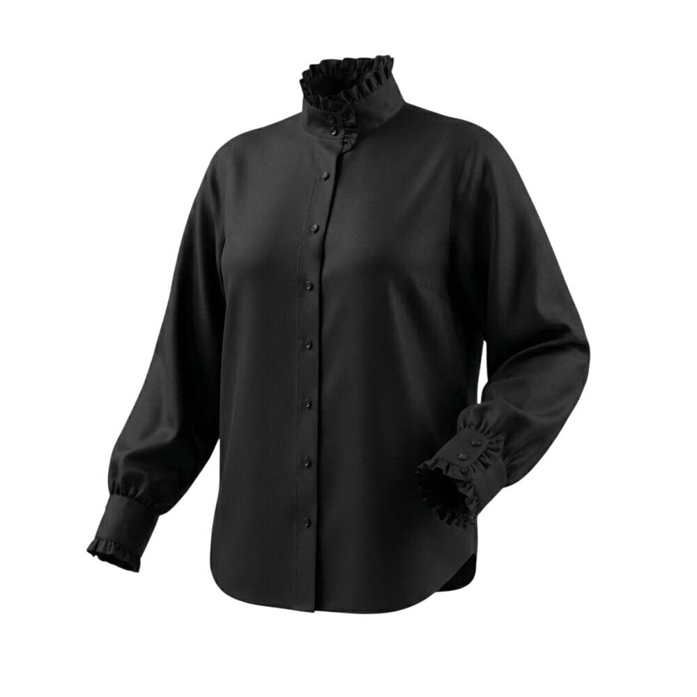 Ralph Lauren Black 100% Silk Taffeta Ruffle Collar Blouse Crisp Structured 14